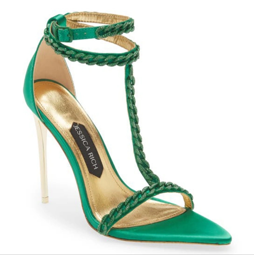 Jessica Rich Emerald Green Braided T-Strap Stiletto Sandal